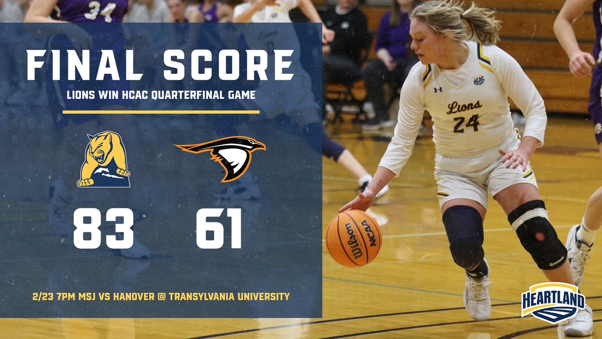 🏀| LIONS WIN!

<a href="/MSJ_WomensHoops/">Mount Women's Basketball</a> wins with a score of 83-61 advancing to the HCAC Semifinal Game on February 23rd at 7 pm!

Karlee Mills and Ellie Oldendick led the way for the Lions both scoring 13 points. 

#DEFENDtheMOUNT #MountUp #ClimbHigher #HeartOfD3 #d3hoops