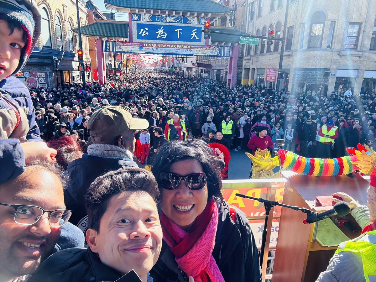 Packed crowd for Chinatown Lunar New Year Parade with Grand Marshal Nicole Lee, the 1st Chinese American Alderwoman in Chicago’s history, & State Rep Theresa Mah, the 1st Asian American in IL House, and State Senator Ram Villivalam, the 1st Asian American in IL Senate! #LNY2024