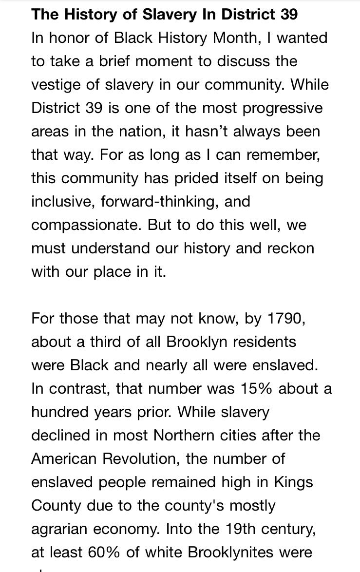 A lot of electeds put out very boiler plate language about Black History Month on their social. @CMShahanaHanif put out to her email list an in-depth explanation of the legacy of slavery in park slope and actual current issues about found remains in Gowanus. Thank you. ❤️🖤💚