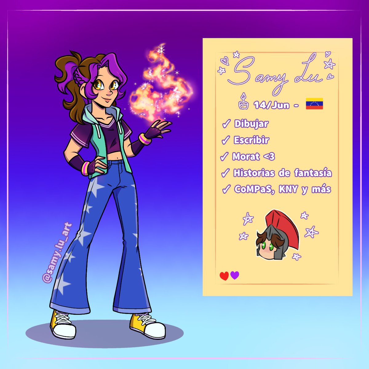 Samy_Lu_Art's tweet photo. Ficha de presentación 💫✨

Hola, soy Samy, una dibujante más de los Compas 💜🪄
Y pues... Eso xD espero que disfrutes de mis dibujos <3

#Oc #originalcharacter #CoMPaS https://t.co/LJPqqnBIIS