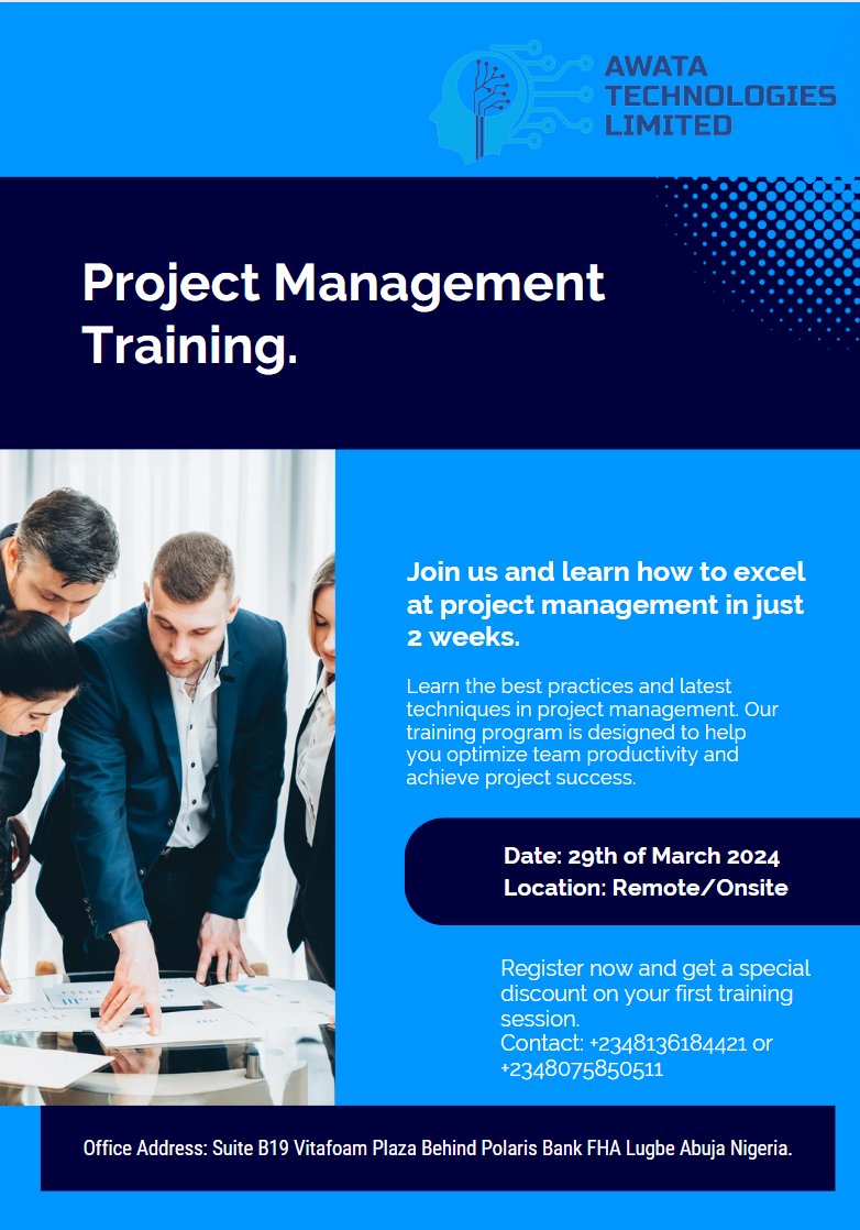 omobanjaye's tweet photo. Get world class training In Project Management within two weeks through our certified trainers. Course Fee: N120,000. We have discount for the first 10 persons to register. Chat us up on 0814 992 2290 or call +2348075850511 or email awatatech@gmail.com for further enquiries. https://t.co/YuZtQS6dYK