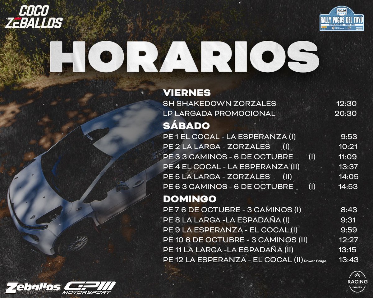 #RallyPagosdelTuyu | Ya se conocen los horarios para el fin de semana del 1, 2 y 3 de marzo la primera fecha del <a href="/RallyArgentino/">Rally Argentino</a> en Madariaga, provincia de Buenos Aires.

.
.
.
#SiemprePaDelante 🇺🇾

#RallyArgentino | <a href="/CitroenRacing/">Citroën Racing</a> | <a href="/EnjoyPde/">Enjoy Punta Del Este</a> | <a href="/UyDeporte/">Secretaría Nacional del Deporte</a> | <a href="/MaldonadoUY/">Rotten Raccoons</a> |