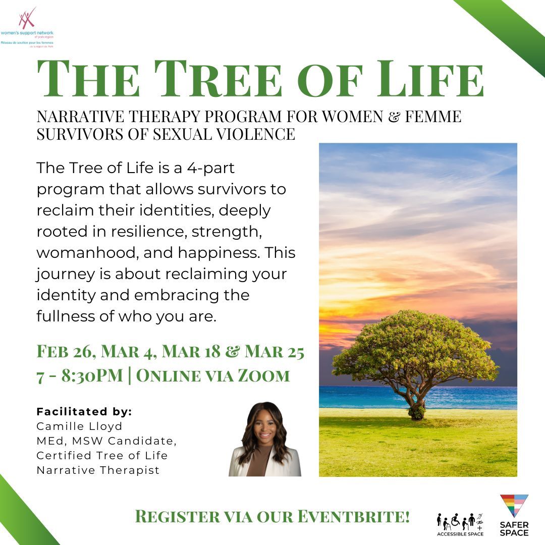 Women & femme identifying survivors (18+) of sexual violence are invited to join a 4-week Narrative Therapy Program; The Tree of Life.  This journey is about reclaiming your identity and embracing the fullness of who you are.  Register: buff.ly/3T0GS6Y

#TherapyProgram