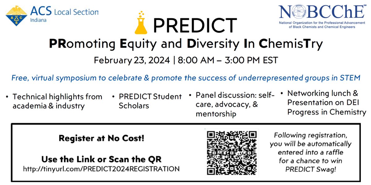 The ACS Indiana Local Section invites you to join our 2024 PREDICT Symposium on Friday, February 23 from 8 AM to 3 PM EST. The symposium is virtual and there is no fee to participate. You can register at: tinyurl.com/PREDICT2024REG… or by scanning the QR code in the attached flyer.