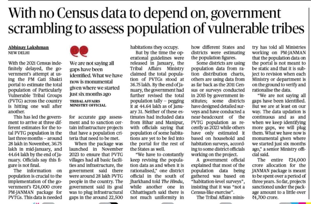 The unreasonable delay in the #census2021  notwithstanding, it is not clear how a census - the way it has been conducted in India so far - will help estimating #PVTG population unless we combine census& administrative data under quite strong assumptions about their spatial spread