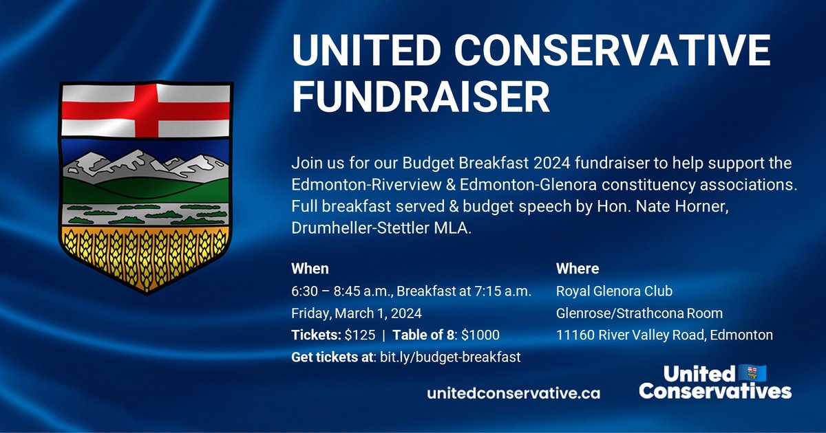 Hope to see fellow @Alberta_UCP constituency association members at our Budget Breakfast on Mar. 1. Provincial Board President, @RobSmith_OldsAB will be there with Hon. Nate Horner & other MLAs. @UCPBevclare @stalbert_ucpca @UCPStrathcoShPk 

GET TICKETS:  bit.ly/budget-breakfa…