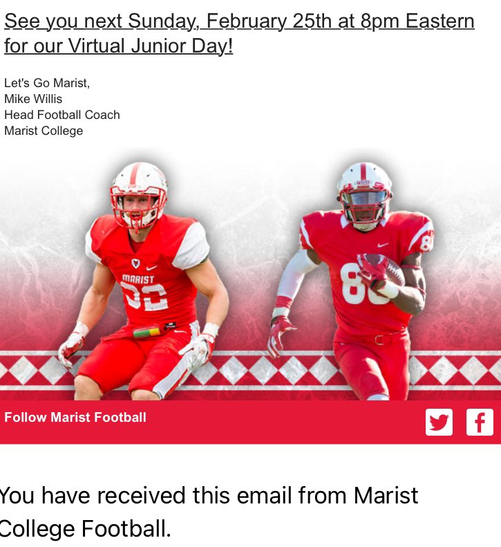 Blessed to be invited to @MaristAthletics Virtual Junior Day on 2/25 at 8pm Est!! Thank you for the opportunity!! God bless @coachmill57 @KingHouse1k @CoachKent56 @bighitslive @CartierJ26 @PrepRedzoneFL @larryblustein