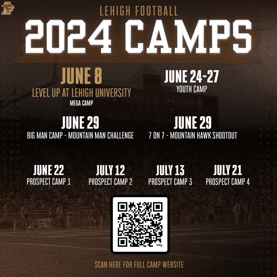 2024 CAMP SEASON IS HERE‼️ Come to #TheNest and prove yourself! Register using the QR Code or use the link below: ⬇️ lehighfootballcamps.totalcamps.com/shop/EVENT