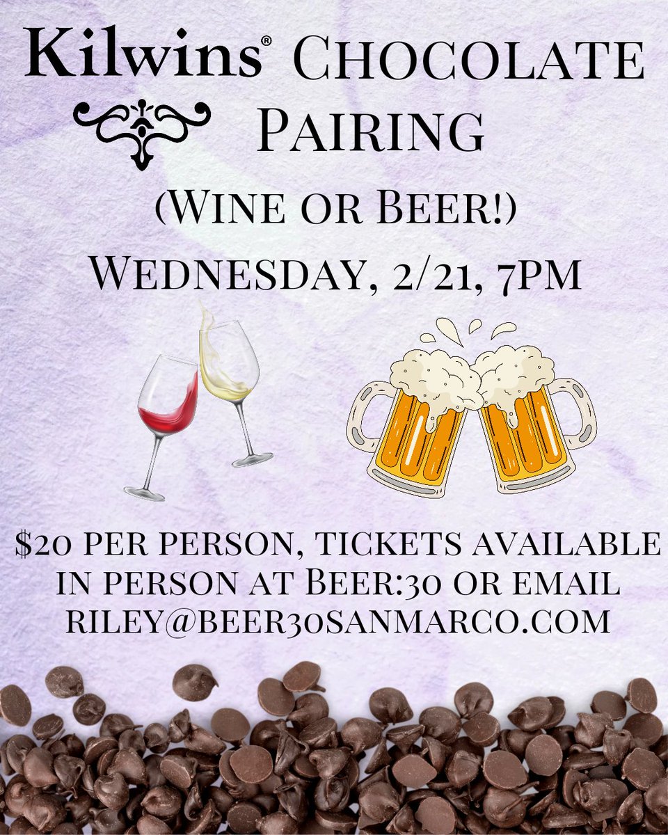 🍻🥂PAIR UP🥂🍻

🍫This Wed, 2/21, at 7pm, we're hosting a Chocolate Pairing with <a href="/kilwinsjax/">Kilwins Jacksonville</a> You just have to pick whether you want WINE or BEER and we'll walk you through four pairings!

Buy tix at Beer:30 or email riley@beer30sanmarco.com to reserve your spot.

🍺🕧