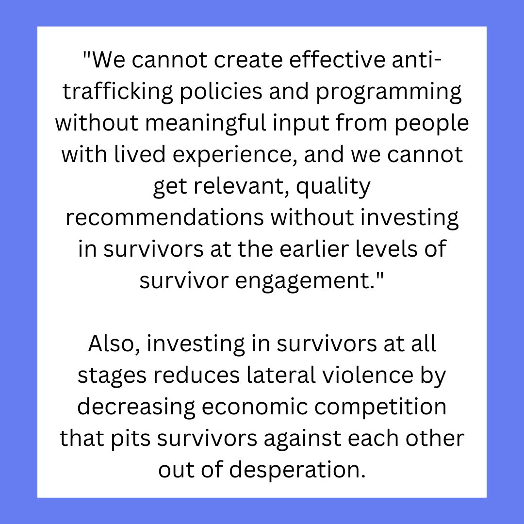 Invest in and then value survivors for their professional development skills, rather than only seeing them as a story to share, which can cause harm as it makes them to engage with their trauma over and over. #SurvivorLeadership #MeaningfulEngagement