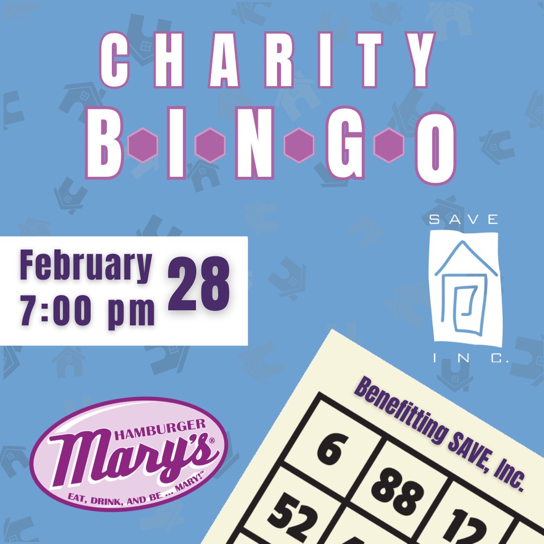 Join us for a night of HAMBINGO at Hamburger Mary's on Feb. 28th, benefiting SAVE, Inc. Bingo starts at 7 pm, but we encourage coming early. Bingo cards are $10. Prizes include a pass to Freight House Fitness, tickets to our Gala, and more! Reservations: ow.ly/A2Sn50QAjKv
