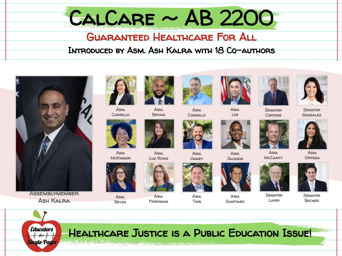 🗣️📢A big #SinglePayerSunday shout out to @Ash_Kalra and the Principal Coauthors who introduced a strong #CalCare bill this week: @ib2_real, @wendycarrillo, @alex_lee, @AsmConnolly, @SenDaveCortese, & @SenGonzalez_33! 🍎🩺❤️🙌

Educators stand w you in the fight for #AB2200!