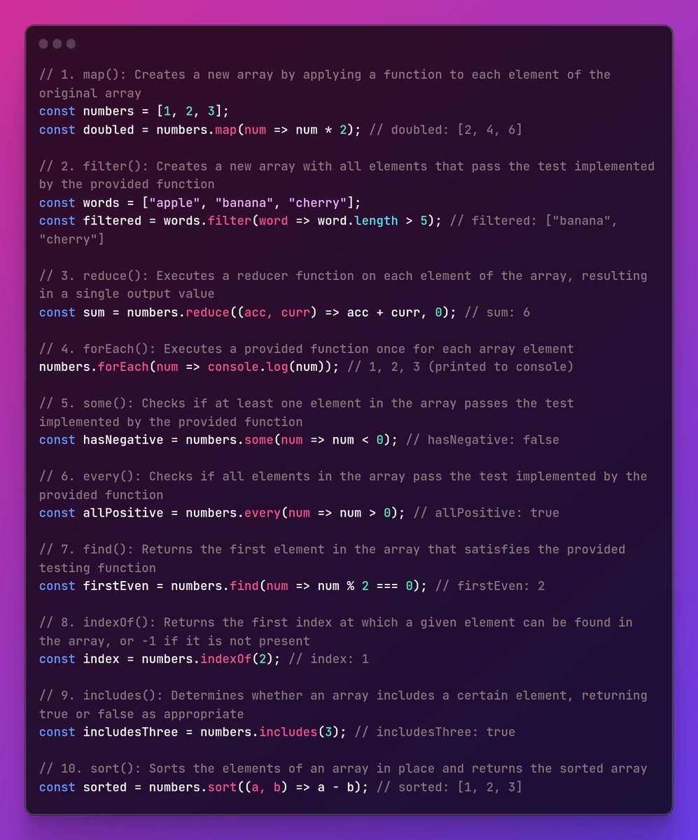 Hitheshk4's tweet image. Struggling with arrays? Fear not! This series will unlock the secrets of powerful array methods, making your code cleaner and more efficient. #javascriptlife #codingtips #arraysmadeeasy