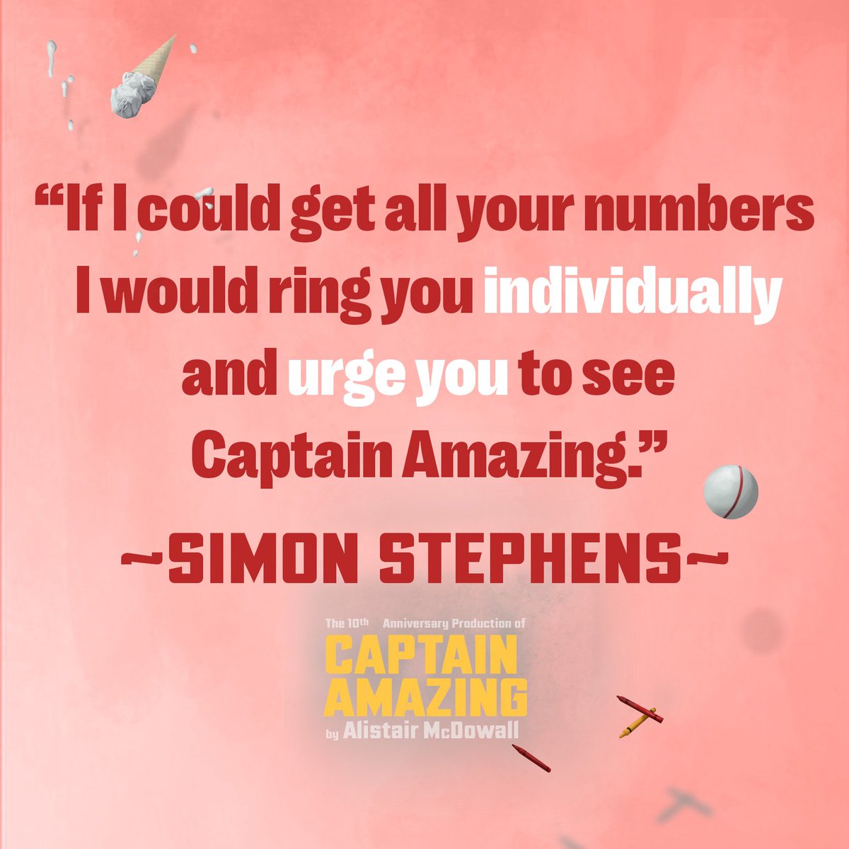 A recommendation to make a superhero blush! Thanks Mr Simon #punkrock #motortown #curiousincident #seawall #thelistgoeson Stephens. CAPTAIN AMAZING by #AlistairMcDowall - 1st-25th May 2024, Southwark Playhouse Tickets 👉🏻 southwarkplayhouse.co.uk/productions/ca… #captainamazing #theatre