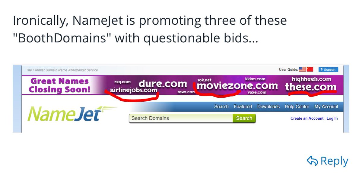 DancerA's tweet photo. In 2017 #AndyBooth @360 referred to the bids he made on domain names which he already owned that were being auctioned & promoted by namejet as a “genuine” mistake
Last week he said he was “genuinely” willing to talk right before blocking me
Genuine isn’t how I’d describe Andy https://t.co/uXDCnMKVFY