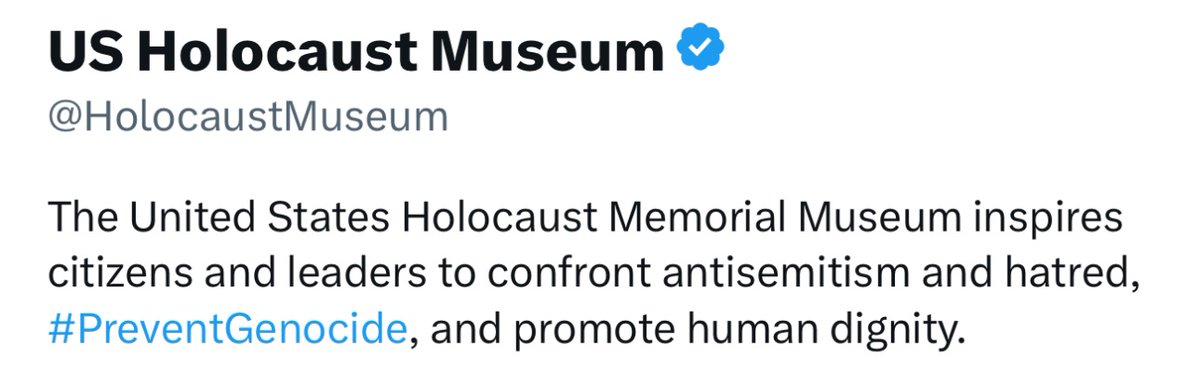 Interesting they have #Preventgenocide in their bio then have the audacity to not only tweet what they did, but have not once called out Israel for undertaking genocide.