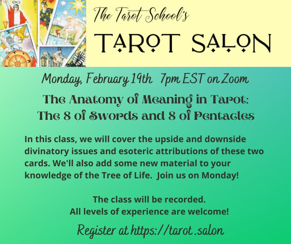 TheTarotSchool's tweet photo. We are having class tomorrow so if you've got some time off, why not cap off the long weekend by joining us for some 8 of Swords and 8 of Pentacles goodness!
https://t.co/fiP3xvnrxK
#tarotsalon #tarotschool #learntarot #tarotcards #minorarcana #8ofswords #8ofpentacles https://t.co/lxyy3hKzSg