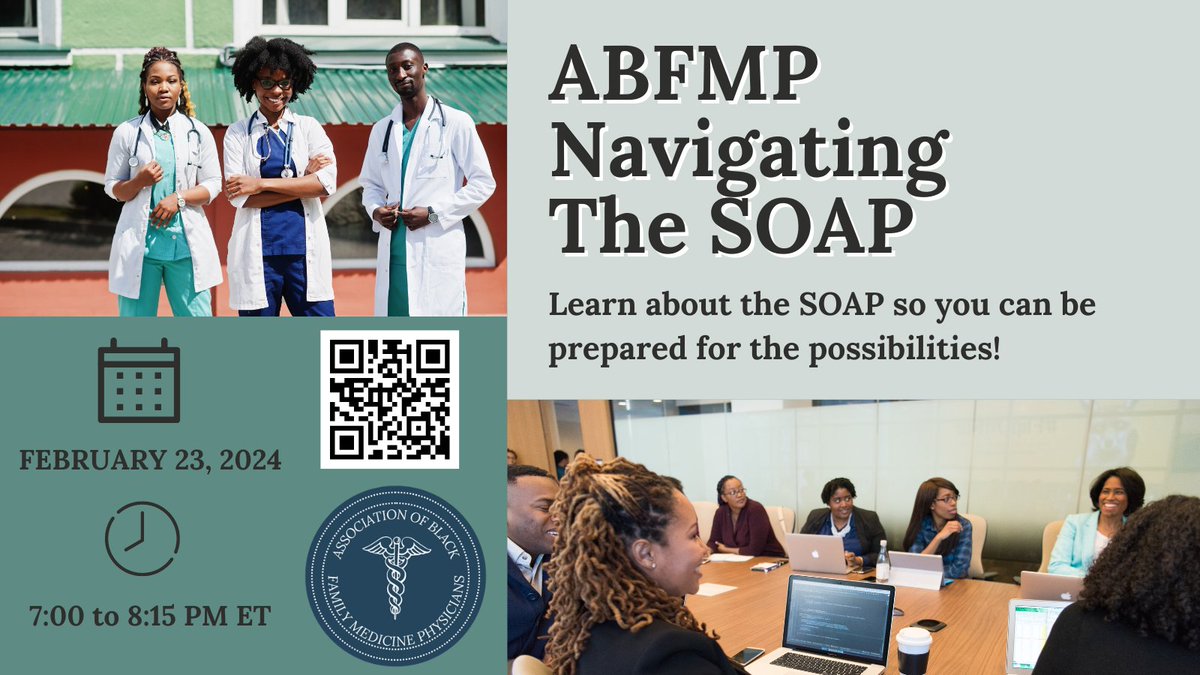 #Match2024 Applicants, don't get caught off guard! Be prepared! Save the date for our "Navigating the SOAP" session on 2/23/24, 7:00 to 8:15 PM ET. All are welcome! Scan the QR for the link to join. #familymedicine #fmrising #familymedicinephysician #FMRevolution