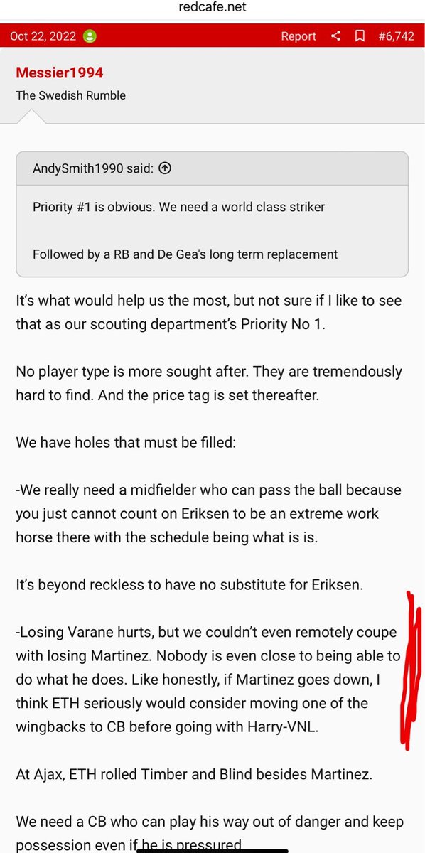 This is my analysis of our team in Oct 2022 (posted at the RedCafe). It’s the same today. 

Under ETH, you must have CBs who are (a) mobile, quickly can move the ball and find open space or dribble past the pressing forward, and (b) who are very comfortable on the ball in…