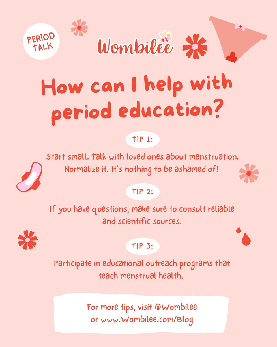 Talking about Periods is normal! Here are a few tips on how you can help with Period Education and make it an everyday conversation.

Wombilee.com/Blog already has some great articles that can help jump-start your conversations. 

Wombilee.com 💜