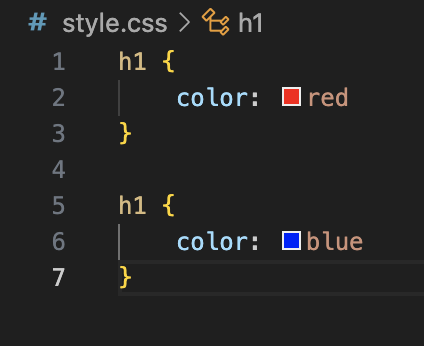 thefeengineer's tweet image. What is CSS? Cascading Style Sheet. The most important word here is Cascading - the code will be read from top to bottom, and if you don't write your code in the right order, there will be unexpected results. 
For example, What colour will the &amp;lt;h1&amp;gt; be?