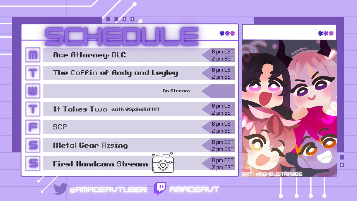 amadeavtuber's tweet photo. ❕Schedule Feb 19 - 25❕

Omg First ever Handcam Stream and first collab with @SpikeRiftVT 🌸 https://t.co/fUrUHIQtUc