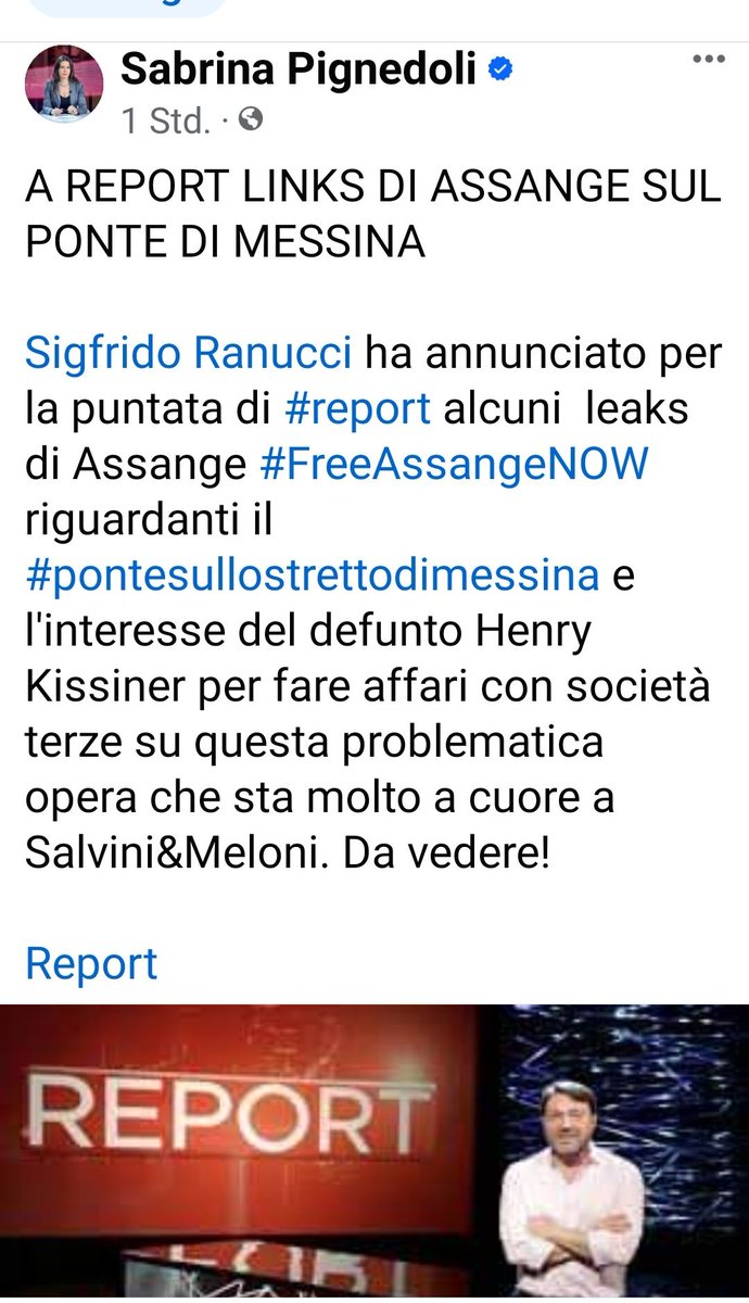 ⭕Sigfrido Ranucci ha annunciato per la puntata di #report alcuni  #leaks di Assange #FreeAssangeNOW riguardanti il #PontesulloStretto e l'interesse del defunto Henry Kissinger per fare affari con società terze... 
@SabriPignedoli #M5S
#PONTE #Messina 

#REPORT #18Febbraio