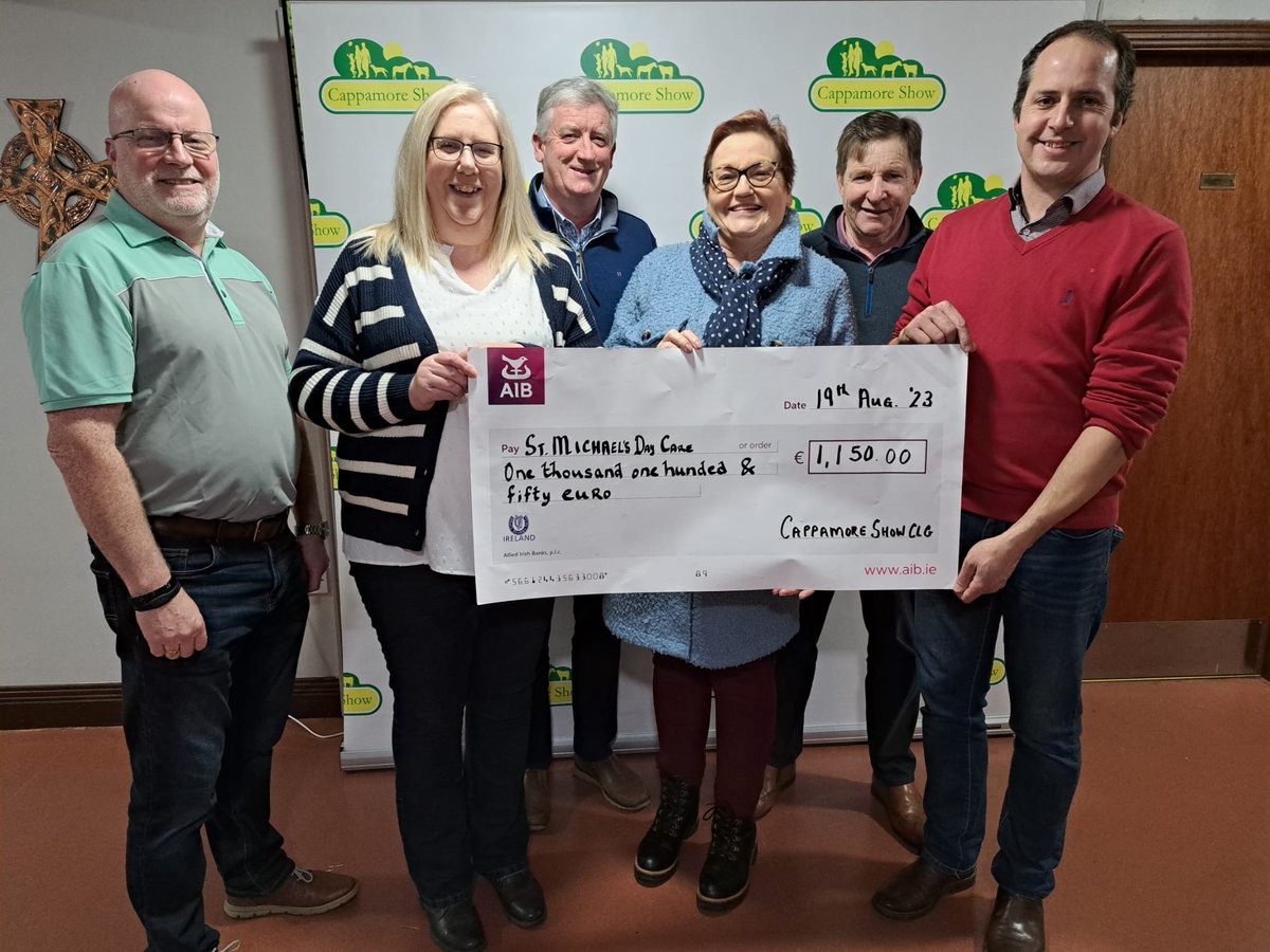 Presentation of cheque for €1,150 to St. Michael's Day Care Centre by Show members - Simon Earlie, Bríd Dillon, John McCarthy, John Berkery & John Hassett to Day Care Centre Manager Valerie Clancy who is also a Show Member, thanks to all who supported our 2023 raffle.