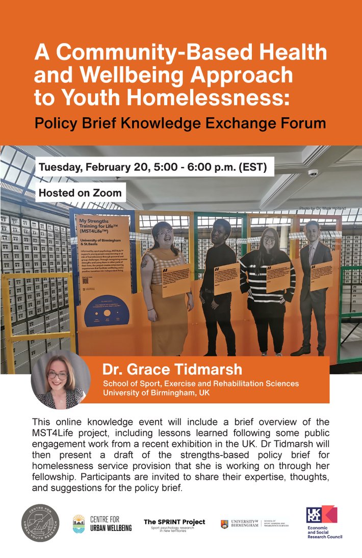 📢 Join our online event - 'A Community-Based Health and Wellbeing Approach to Youth Homelessness: Policy Brief Knowledge Exchange Forum' led by Dr. Grace Tidmarsh🏡🌟 🗓️ Date: Tuesday, Feb 20 🕔 Time: 5:00 - 6:00 pm 📍 Venue: Zoom 📋 Register now: urbanyouthresearch.ca/post/a-communi…