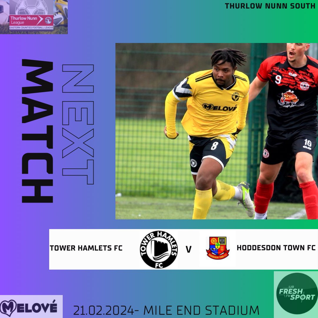 TowerHamletsFC's tweet image. NEXT MATCH

We play host to @HoddesdonTownFC on Wednesday evening. 

🏆 ThurlowNunn South
⚽️Hoddesdon Town
🏟️ Mile End Stadium
⏰ 7:45pm KO
🎟️ £5 Adults, U16s Free

📸 Chadwell Heath Spartans 

Come down and support the boys. 

#Hamlets 

💛🖤