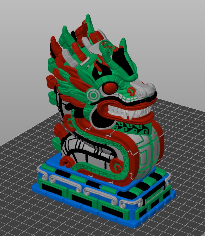 Flex3Drive's tweet photo. Painting the (Aztec) Dragon...by @fotismint 
Now ready for printer. Six tool test for the #Quad! Blue swapped for Red after plinth, with a grey (B20/W80 mix) and white only on the teeth.
Fingers crossed OR piece of cake? Will find out in 2 days or less!!
That i'm actually able to contemplate this on any OS #3dprinter still buzzes me.
#3DPrinting