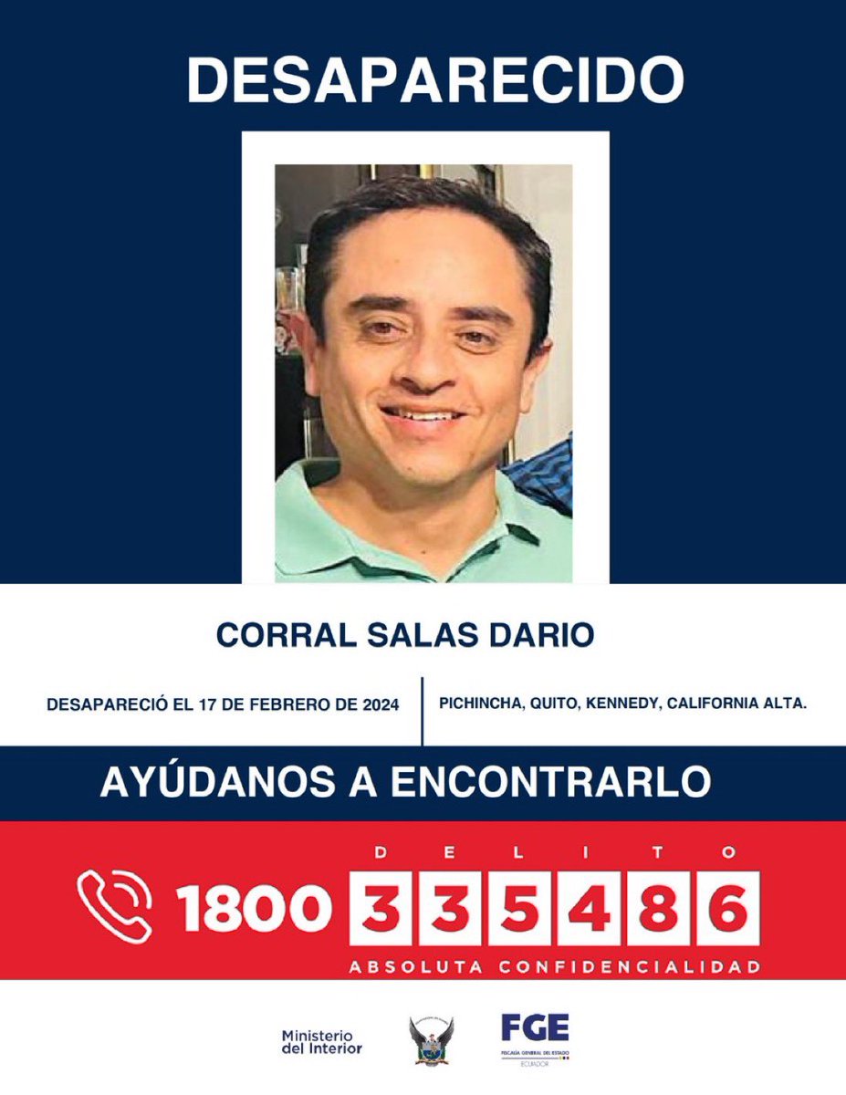 ecuainm_oficial's tweet photo. ‼️#URGENTE
Darío Corral Salas se encuentra desaparecido, fue visto por última vez el 17 de febrero de 2024 en el sector de la #Kennedy, en el norte de #Quito. Si tienes alguna información sobre su paradero, comunícate al 1800 (335486). https://t.co/z0ZpnQVgXZ