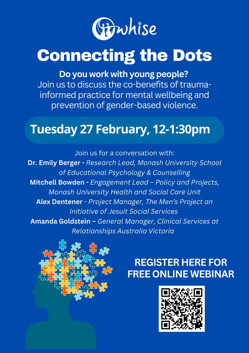 This is a free webinar on the co-benefits of trauma informed practice for mental wellbeing and prevention of gender-based violence. @BowdenMitchell #MonashHSCU @Monash_SPHPM will be part of the discussion Tuesday 27 February, 12-1.30 pm AEDT Register: events.humanitix.com/connecting-the…