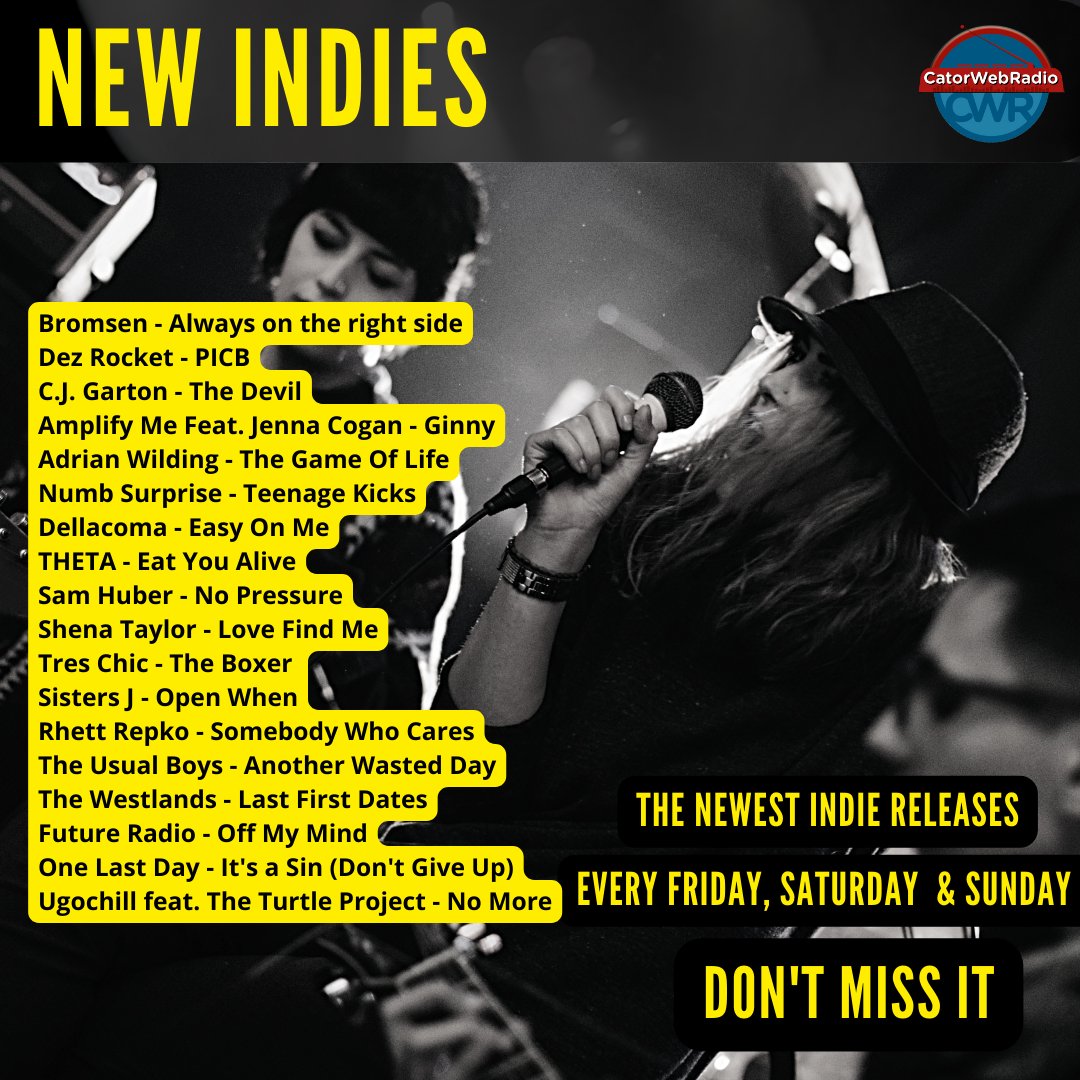 catorwebradio's tweet photo. #NewIndies #OnAirNow
#Bromsen
@dezrocket
@cjgarton
#AmplifyMe 
@ade_w17
@SurpriseNu72480
@DellacomaRocks via @curtaincallgrp
#THETA
#SamHuber
@SingsShena
#TresChic
#SistersJ
@RhettRepko
#TheUsualBoys
#TheWestlands
@futureradioband 
@OneLastDayBand
@ugochill https://t.co/T1BKkc0PmE