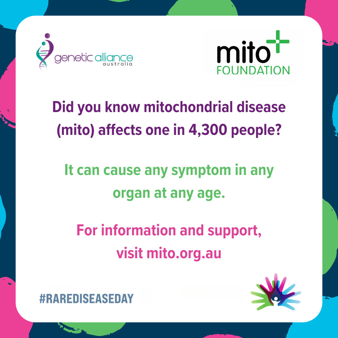 Be a part of the awareness journey for Mitochondrial disease with @AusMito Engage with our fact today and delve deeper into their work: mito.org.au . #RareDiseaseDay2024 #LightUpForRare #ShareYourColours #RareDiseaseDay #geneticallianceaustralia #raredisease