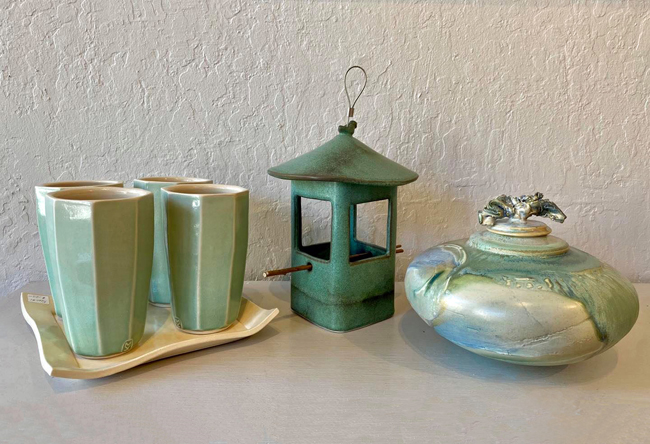 Cheryl Wolff's use of teal and its various tints brings a serene vibe to her ceramic work.

Blue Green Porcelain Bird Feeder-Garden Ornament, cups and lidded vessel

#teal #ceramics #finecrafts #ceramicbirdfeeder #ceramiccups #tealceramics