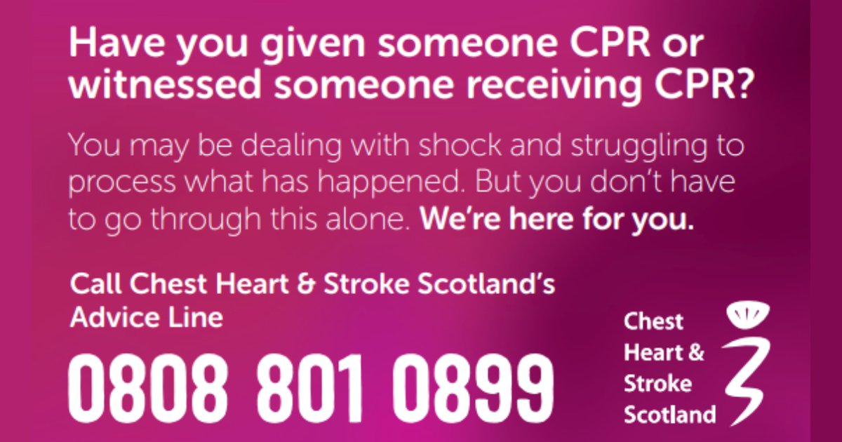 If you’ve performed CPR on someone or witnessed someone receiving CPR. We’re here for you.💛

Our Advice Line is here to listen &amp; help you process what you’ve experienced. Call the team on freephone 0808 801 0899 or visit 🔗 chss.org.uk/provided-cpr  
<a href="/Scotambservice/">Scottish Ambulance</a>