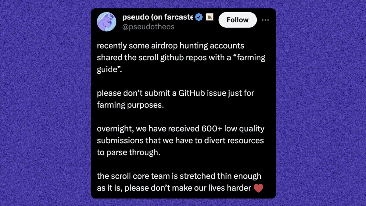 its_airdrop's tweet photo. The Starknet airdrop effect 😆

More than 600 low-quality submissions on the scroll GitHub repo. https://t.co/rXGBzPEBSU