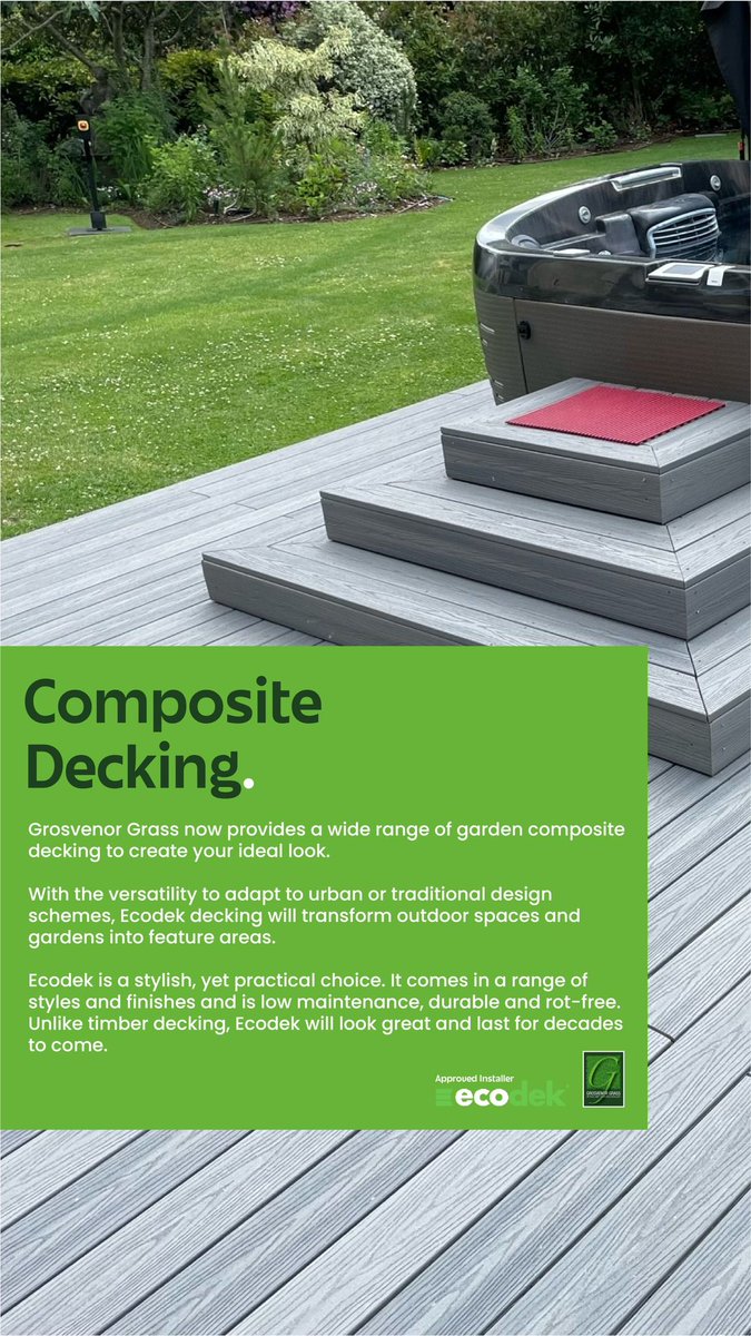Grosvenorgrass's tweet photo. We are excited to announce that we now supply and install 𝙀𝘾𝙊𝘿𝙀𝙆 sustainable 𝘾𝙤𝙢𝙥𝙤𝙨𝙞𝙩𝙚 𝘿𝙚𝙘𝙠𝙞𝙣𝙜
𝙀𝘾𝙊𝘿𝙀𝙆 - a top quality Composite Decking system manufactured in the UK with excellent eco credentials and a UK warranty. 🇬🇧 https://t.co/pWqBlfpsEr