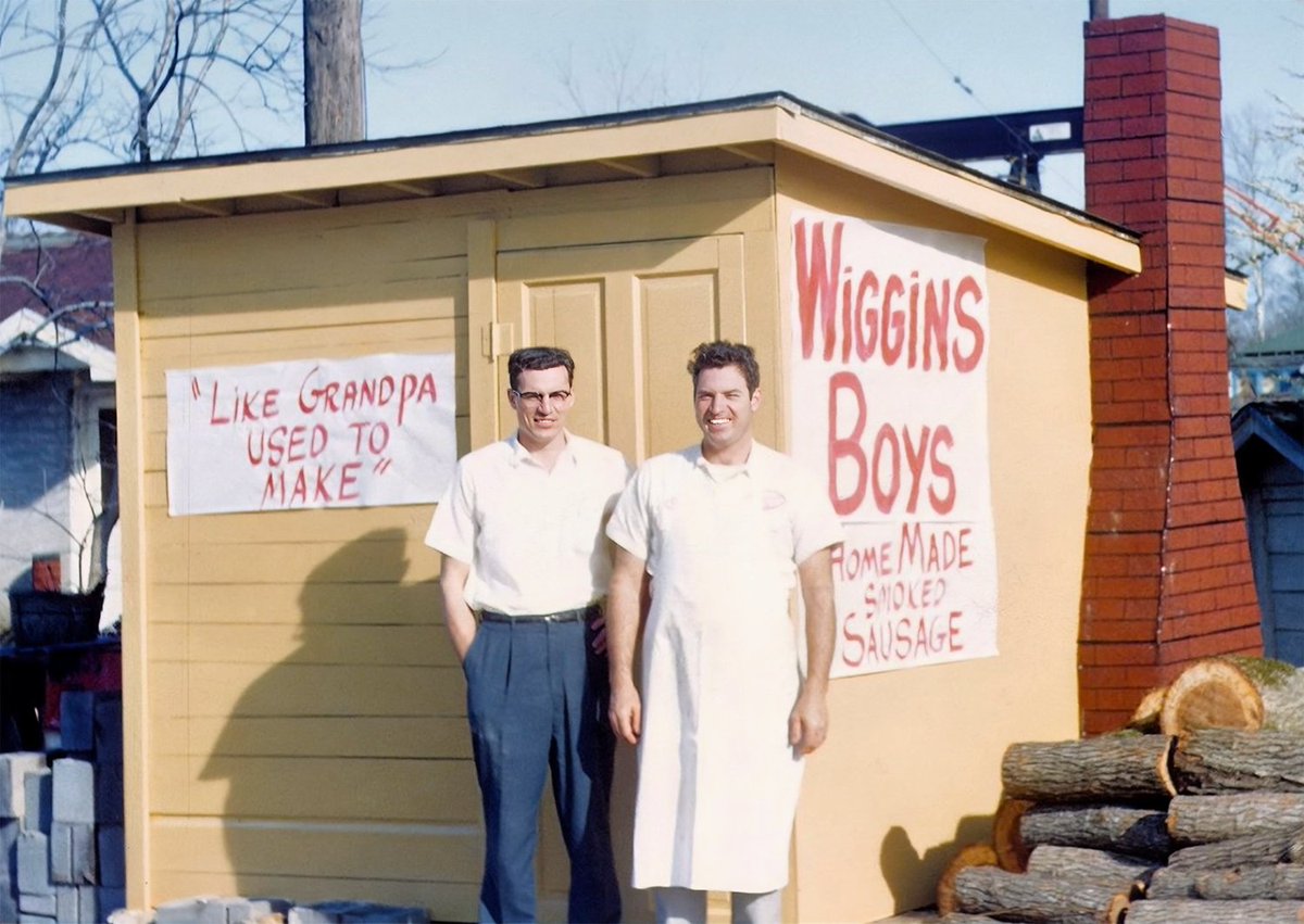 The Wiggins Boys stand in front of their smokehouse in Liberty, Texas circa 1960. I love everything about this, from their expressions to the construction of the smokehouse to the slogan 'Like Grandpa Used to Make.' As I type these words I'm sort of hungry and thinking that…