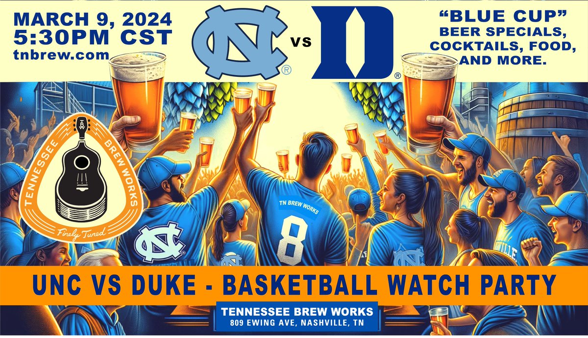Tennessee Brew Works (@tnbrewworks) on Twitter photo For college basketball fans, this game is always fun to watch... see you March 9 at <a href="/TNBrewWorks/">Tennessee Brew Works</a>.
<a href="/UNC_Basketball/">Carolina Basketball</a> #UNCvsDuke For college basketball fans, this game is always fun to watch... see you March 9 at <a href="/TNBrewWorks/">Tennessee Brew Works</a>.
<a href="/UNC_Basketball/">Carolina Basketball</a> #UNCvsDuke