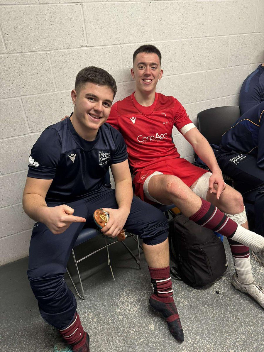 BowdonRugby's tweet photo. Congratulations to our very own Dan Green and Callum McMurray who played for Sale Sharks u18s against Exeter Chiefs this afternoon. Wearing our club socks with pride! #FutureClayMen 

🦈 45-26 https://t.co/hvcGi2SKb7