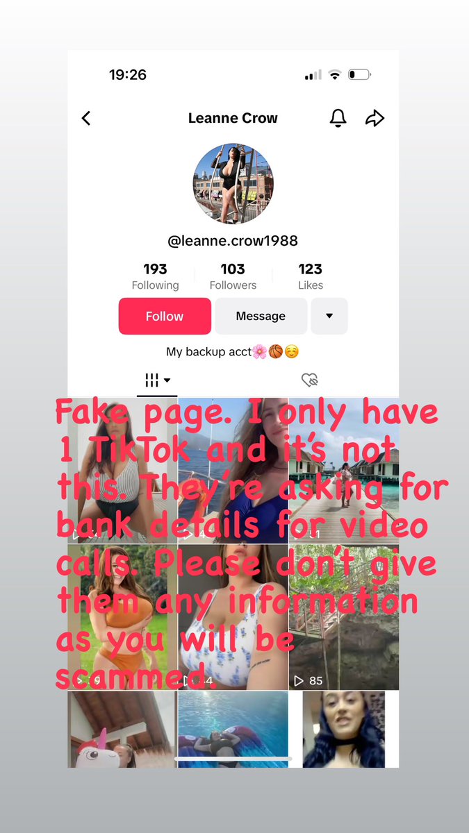 Please watch out as there is a fake tiktok of me asking for bank details for video calls. This is not me and you will be scammed. Thank you to those who brought this to my attention. The only TikTok account I have is tiktok.com/@leannecrow198…
