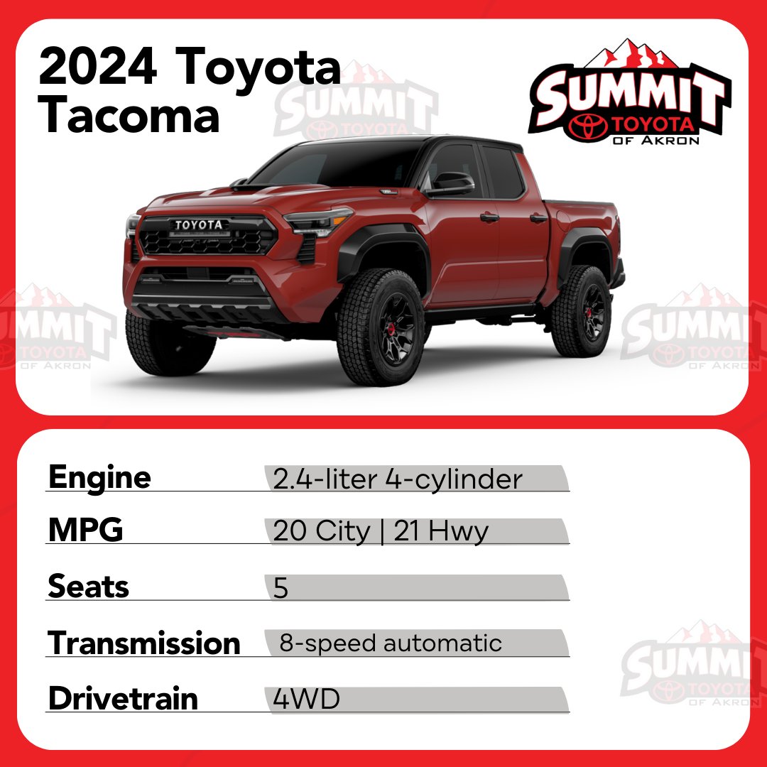 SummitToyota's tweet photo. 🚗 2024 Toyota Tacoma - BE BRAVE OUT THERE! For Sale at: Summit Toyota!

Schedule your test drive at Summit Toyota today and discover why the Tacoma is the ultimate adventure companion!

https://t.co/UGHZyKemrg https://t.co/XP0wFhkjXr