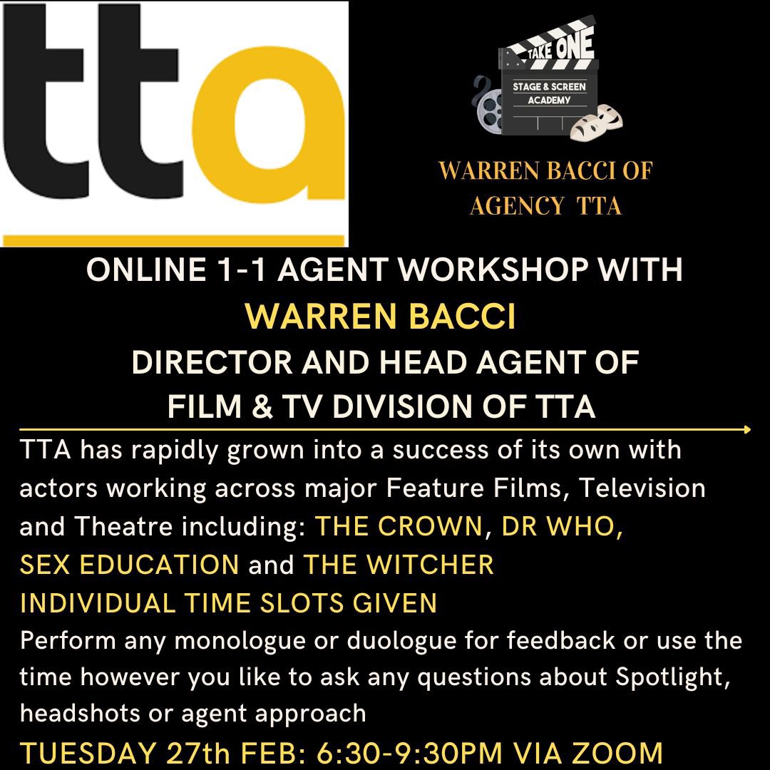 TakeoneUk's tweet image. We’re so excited for our next agent workshop with Warren Bacci, Director and agent at @ttaadults 🎥🎬🤩
Book via the link here: takeonestageandscreen.com/service-page/1…