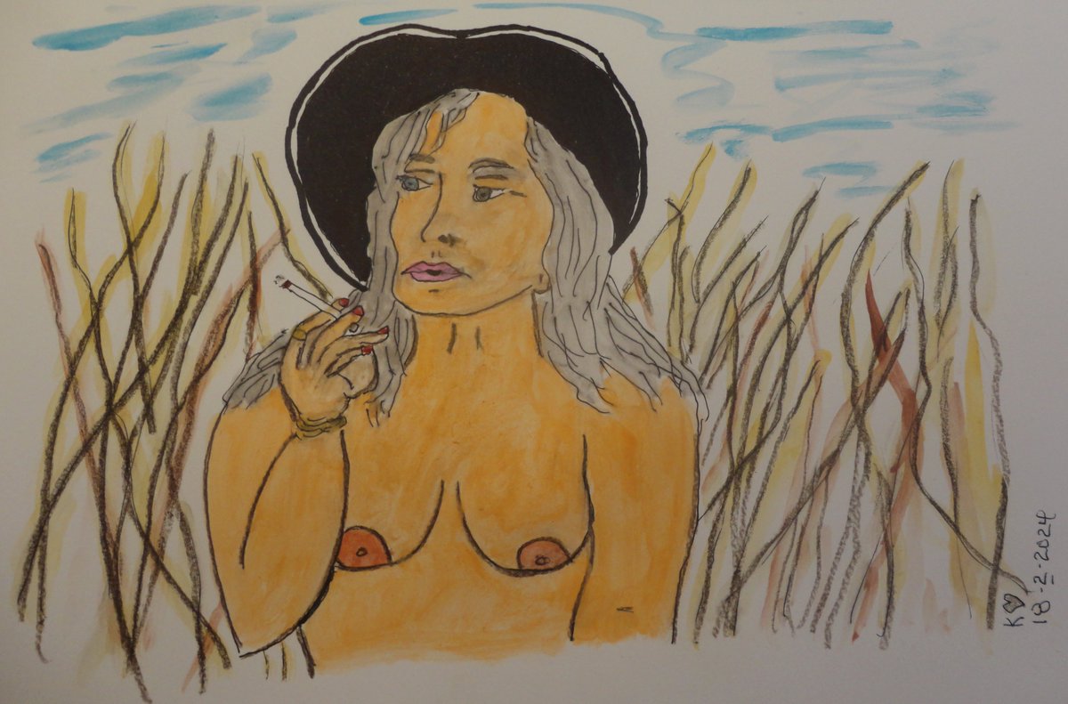 m4goodtimes's tweet photo. "Early Sunday Morning" watercolor , ink/pencilcrayon #hippie #hippiechick #topless #smoking #greyhair #silverhair #silverhaired https://t.co/c5k6RSO696