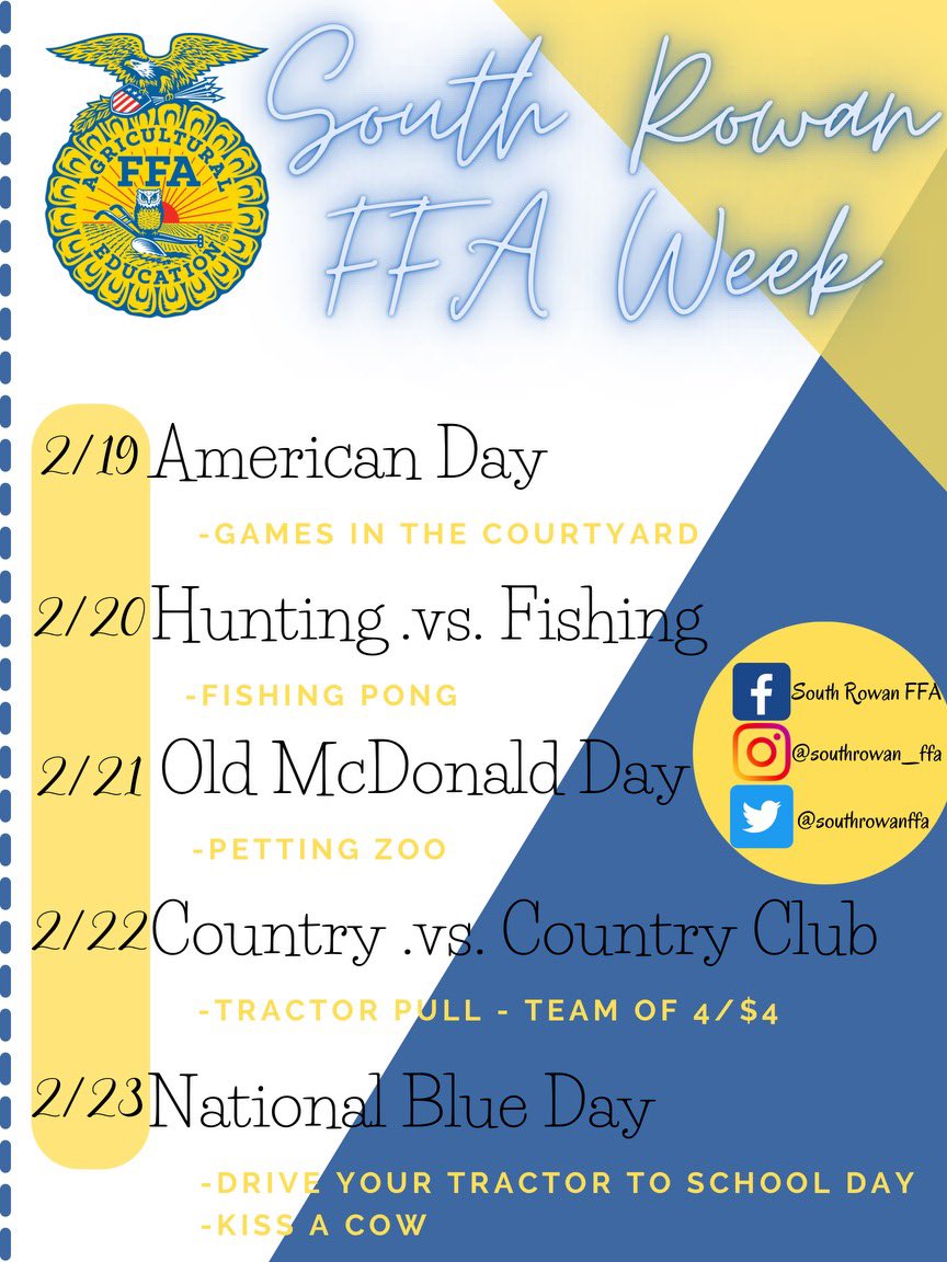 This week is National FFA week!! We can't wait to see everyone's outfits! Make sure you bring money throughout the week so you can pick which teacher has to kiss the cow on Friday!
