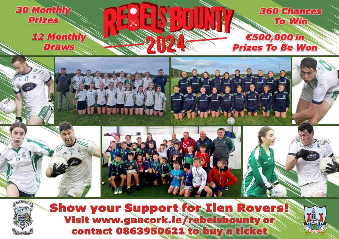 There's still a few weeks left to join the draw. Remember to identify ILEN ROVERS when joining online on gaacork.ie/rebelsbounty or by contacting any member of the Club executive.

Closing 31st Mar for once off payment of €100  OR 1st Mar for €10p.m D.D.
<a href="/IlenRoversGAA/">Ilen Rovers GAA LGFA</a>