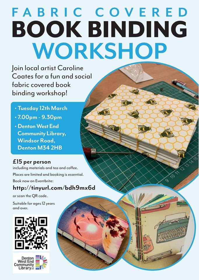 📢 Last few tickets! 📢 We are excited to bring you another fab workshop from @carolinecoates! Caroline will be running her Fabric Covered Book Binding workshop on Tue 12th Mar, 7pm - 9.30pm. Tickets available on Eventbrite for £15 + booking fee. tinyurl.com/bdh9mx6d