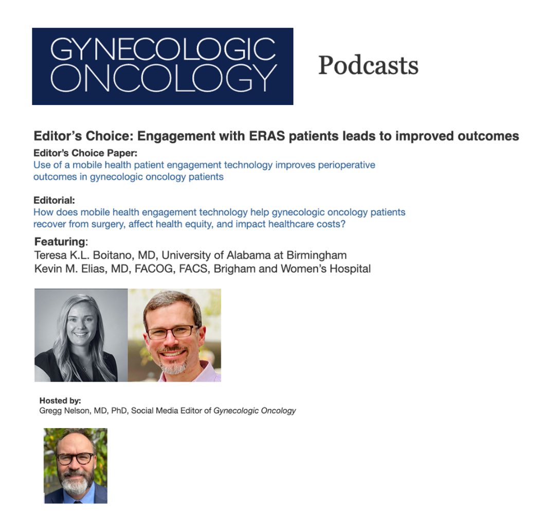 The latest #GynOnc podcast🎙️just dropped!! @TeresaBoitano @kevin_elias discuss use of📱technology to improve periop 🏥 outcomes #ERAS @SGO_org @UABOBGYN @harvardmed @BrighamWomens @ERAS_USA gynecologiconcology-online.net/podcasts